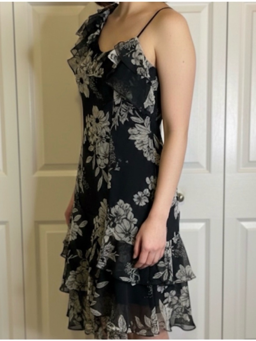 COLLEEN LOPEZ One Shoulder Ruffle Floral Dress, Women’s 12, Black White
